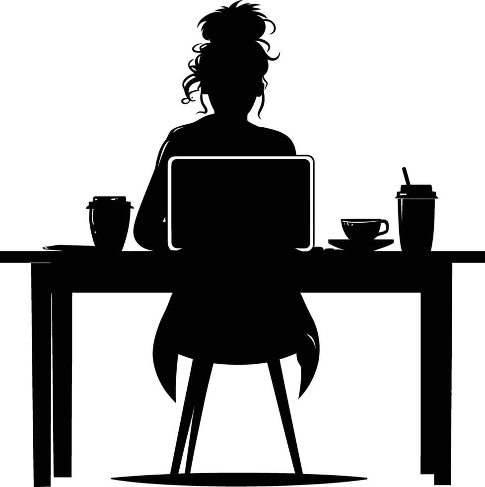 ai generiert Silhouette Büro Schreibtisch mit Laptop und Kaffee mit Frauen Arbeiten Innerhalb vektor