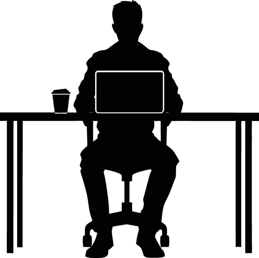 ai generiert Silhouette Büro Schreibtisch mit Laptop und Kaffee schwarz Farbe nur vektor