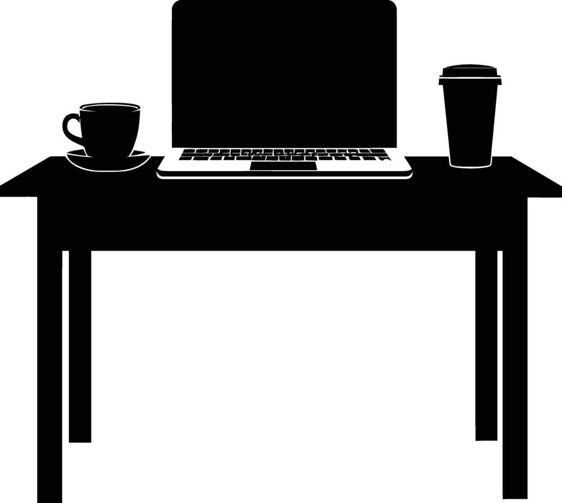 ai generiert Silhouette Büro Schreibtisch mit Laptop und Kaffee schwarz Farbe nur vektor