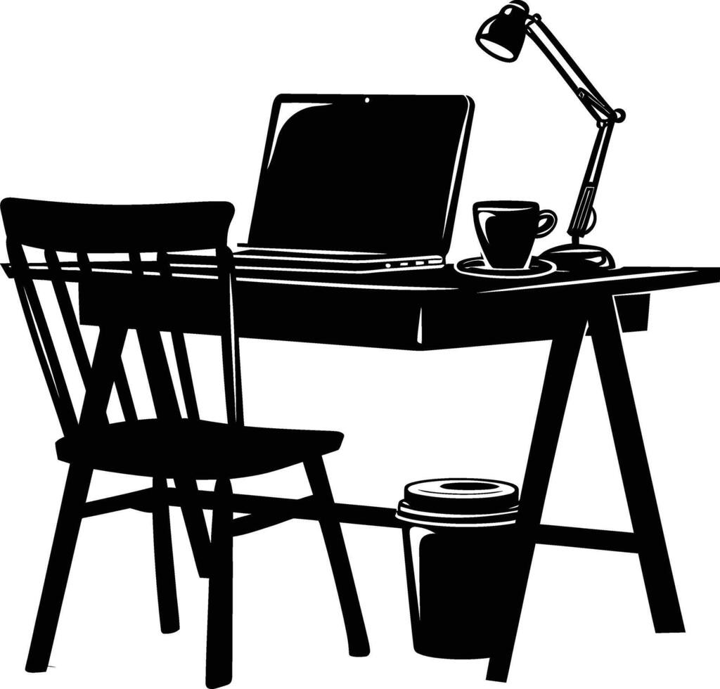 ai genererad silhuett kontor skrivbord med bärbar dator och kaffe svart Färg endast vektor