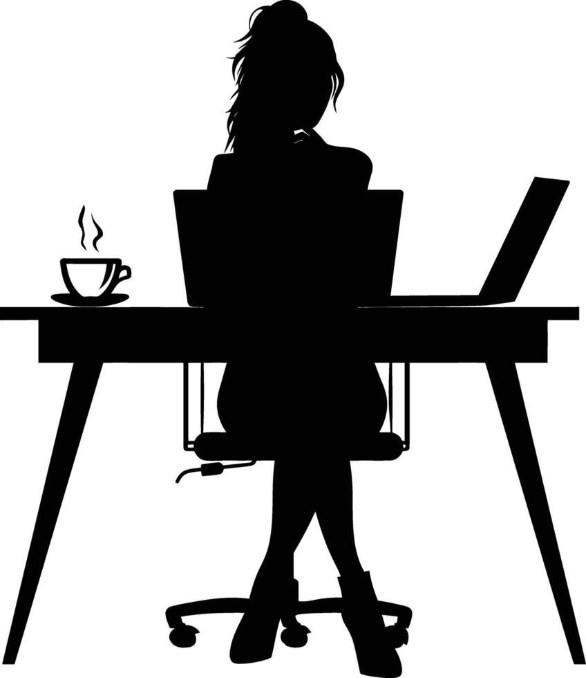 ai generiert Silhouette Büro Schreibtisch mit Laptop und Kaffee mit Frauen Arbeiten Innerhalb vektor