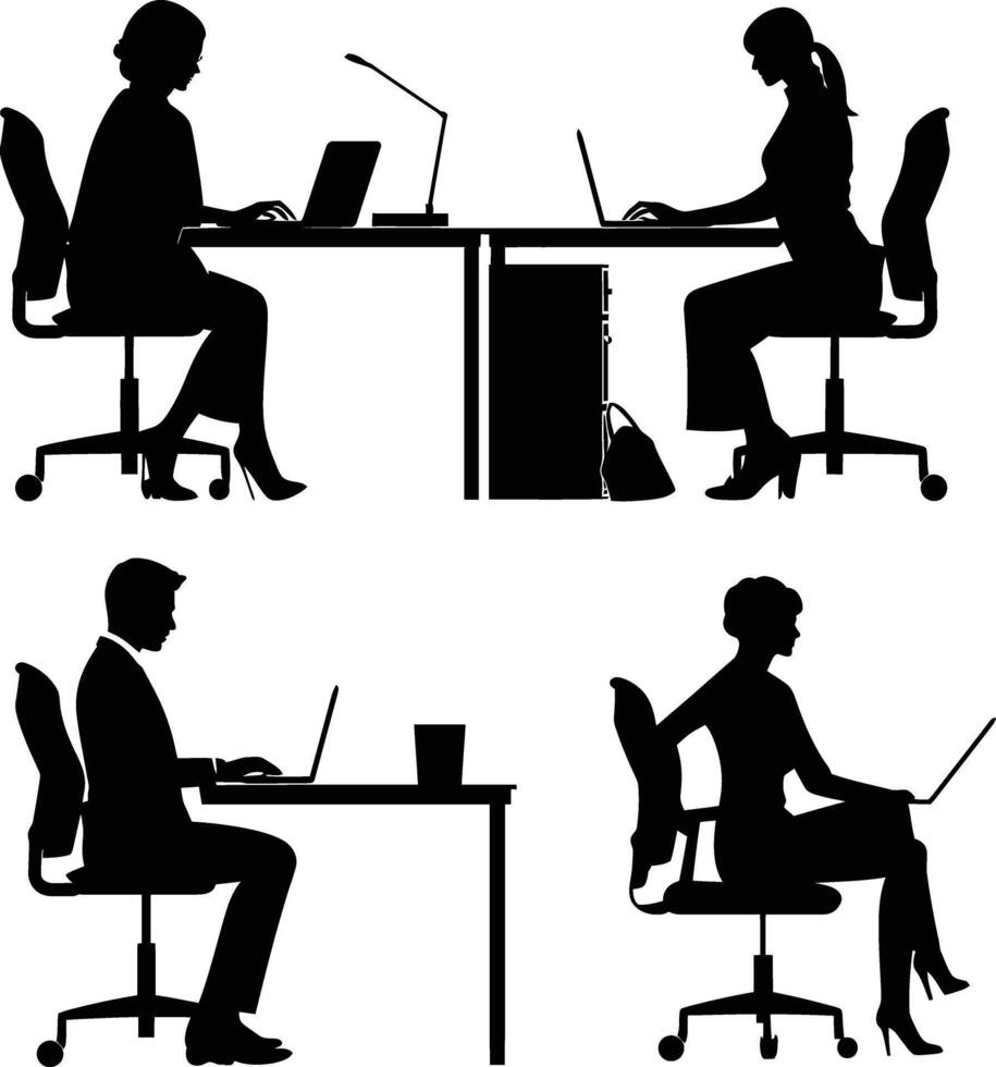 ai generiert Silhouette Büro Schreibtisch mit Laptop Menschen Arbeit Innerhalb vektor