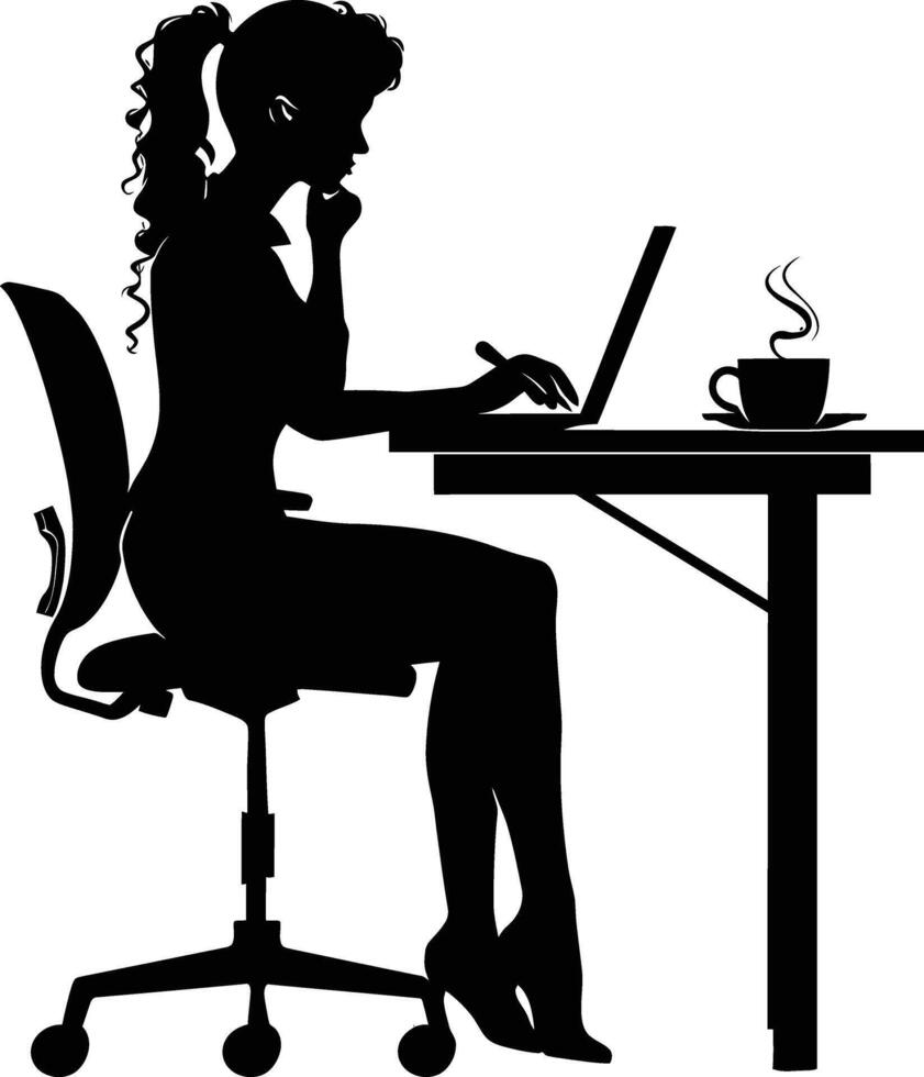 ai generiert Silhouette Büro Schreibtisch mit Laptop und Kaffee mit Frauen Arbeiten Innerhalb vektor