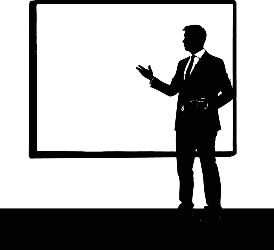 ai generiert Silhouette Geschäft Mann Herstellung Präsentation auf Whiteboard schwarz Farbe nur vektor
