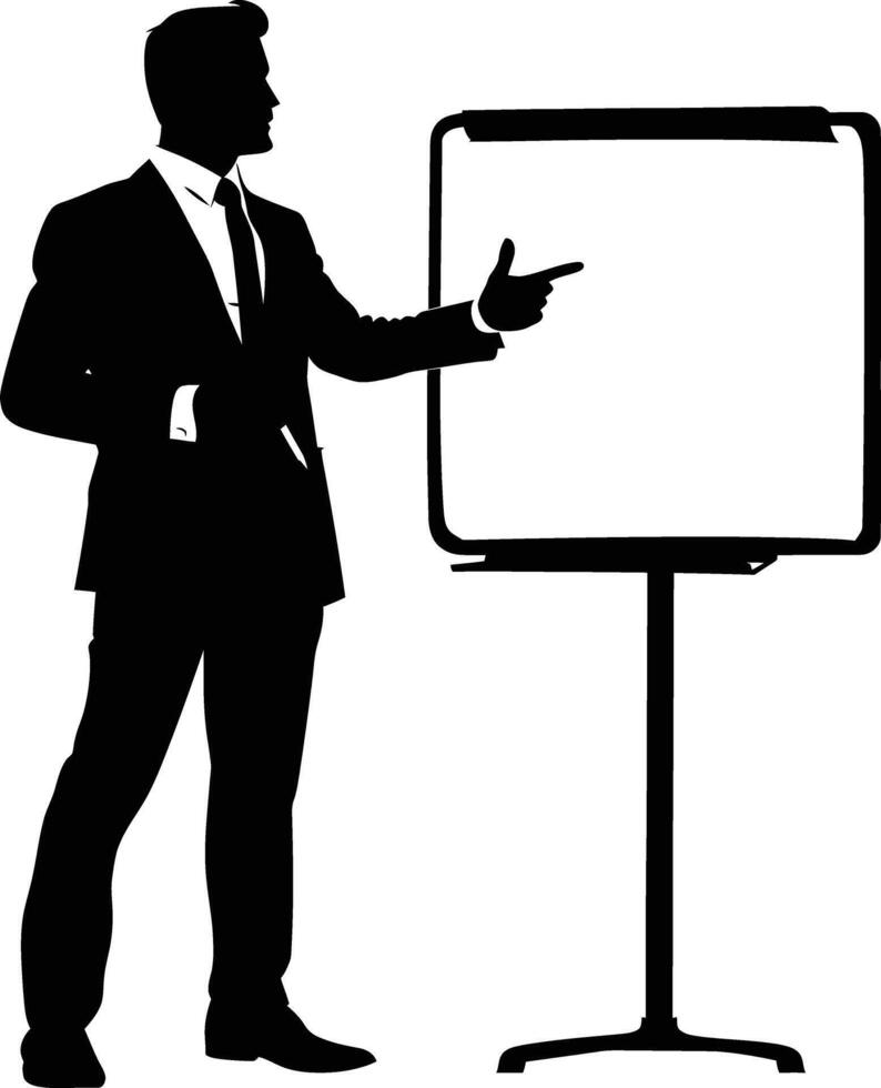 ai genererad silhuett företag man framställning presentation på whiteboard svart Färg endast vektor