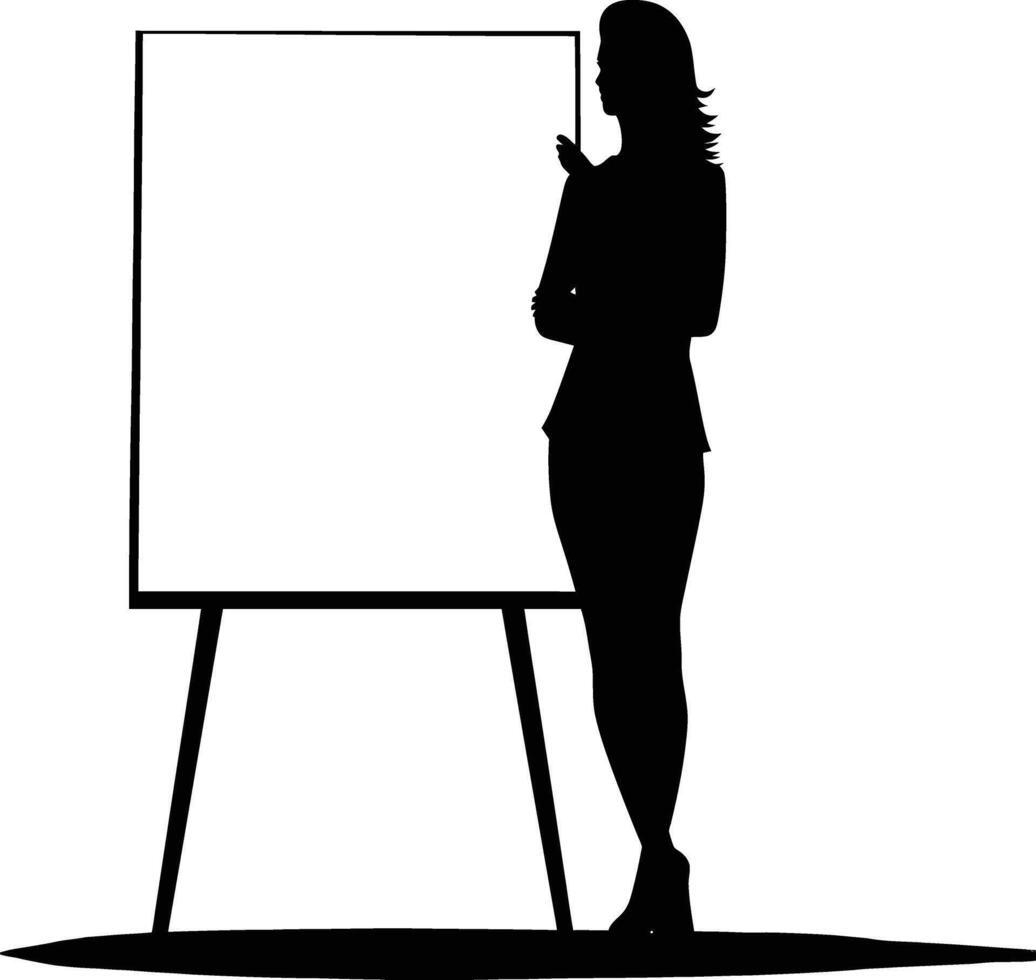 ai genererad silhuett företag kvinna framställning presentation på whiteboard svart Färg endast vektor