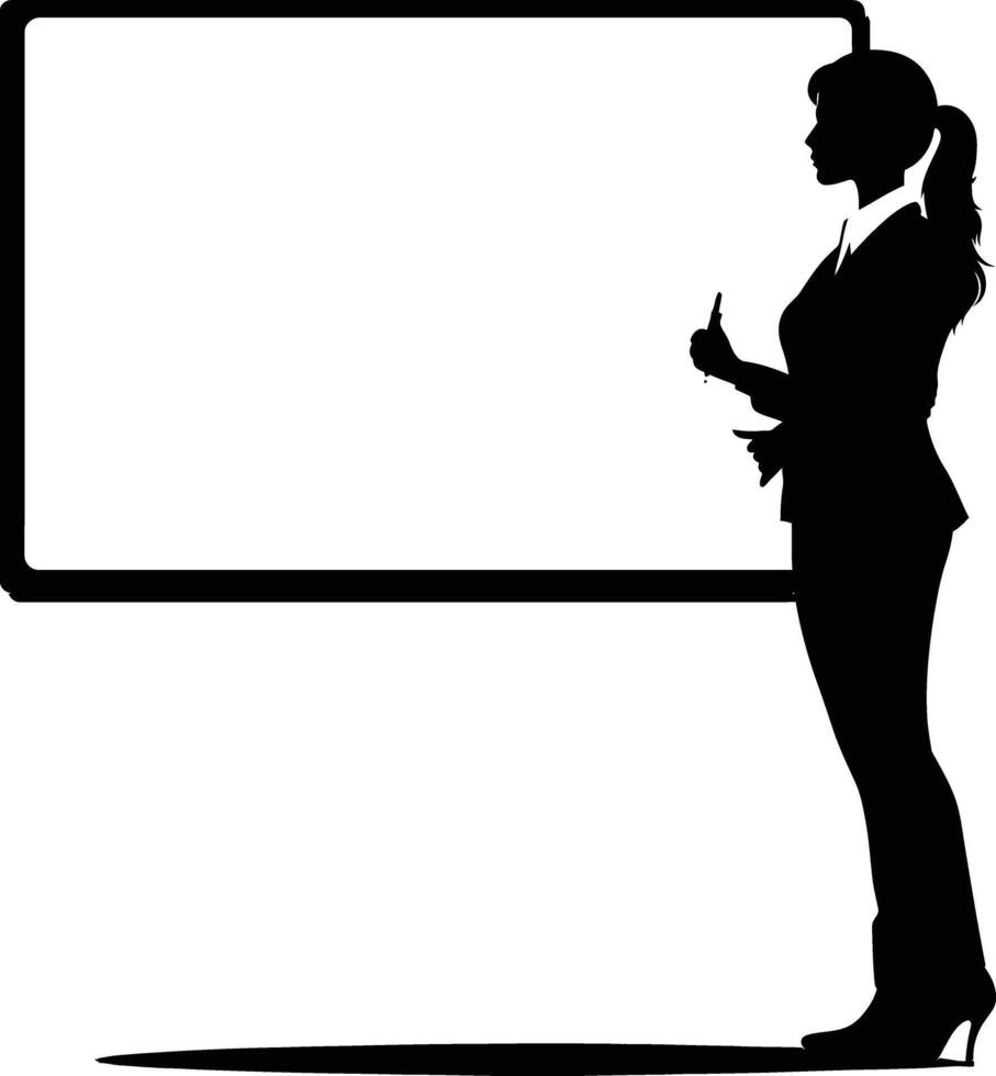 ai genererad silhuett företag kvinna framställning presentation på whiteboard svart Färg endast vektor