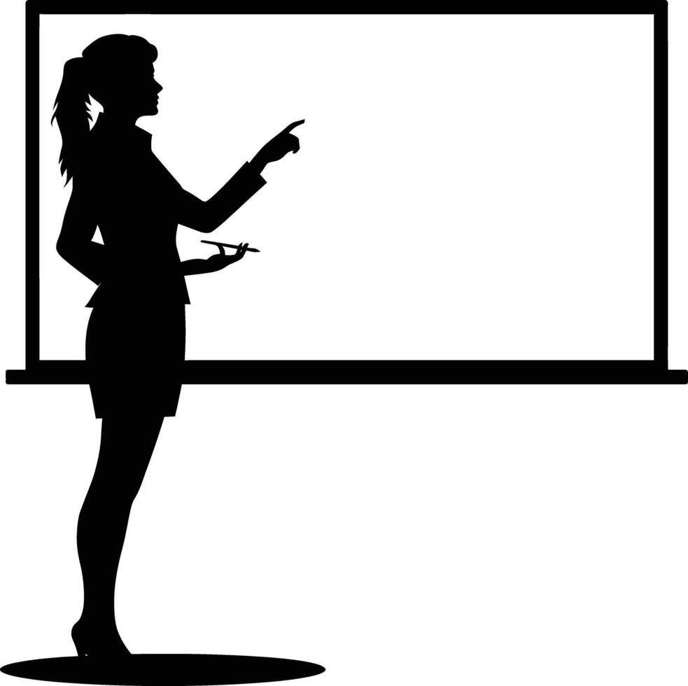 ai generiert Silhouette Geschäft Frau Herstellung Präsentation auf Whiteboard schwarz Farbe nur vektor