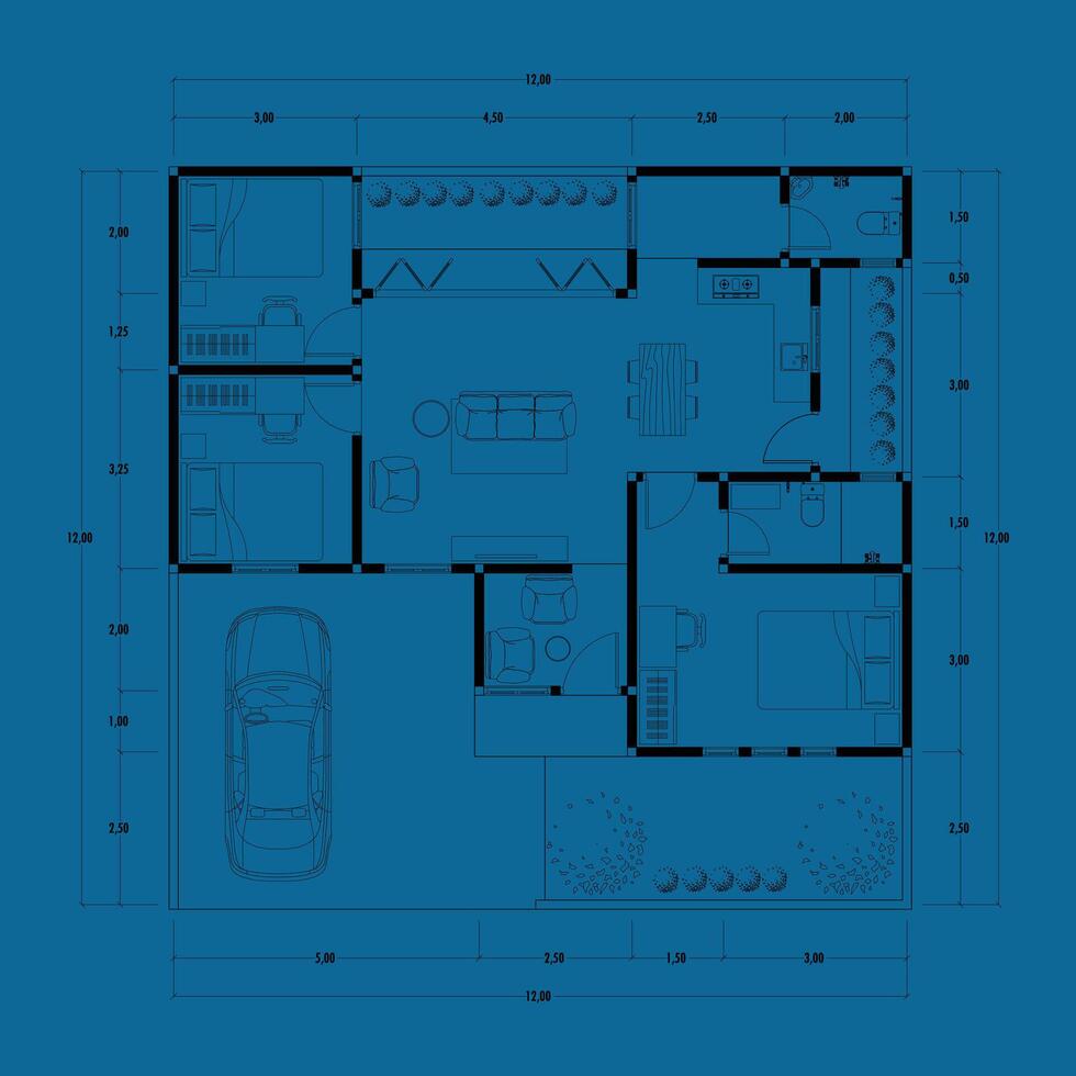 arkitektur planen med möbel. Hem golv planen, isolerat på blå bakgrund, stock illustration. vektor eps 10.