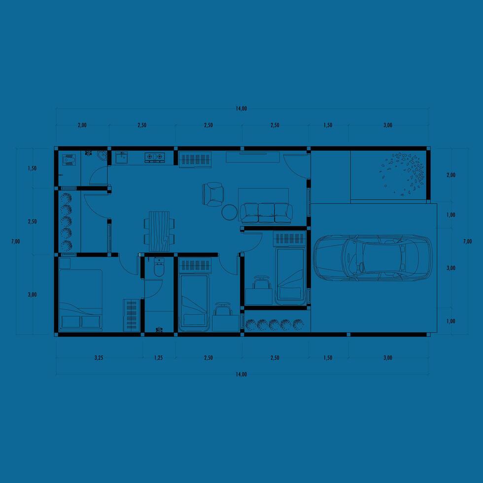 arkitektur planen med möbel. Hem golv planen, isolerat på blå bakgrund, stock illustration. vektor eps 10.