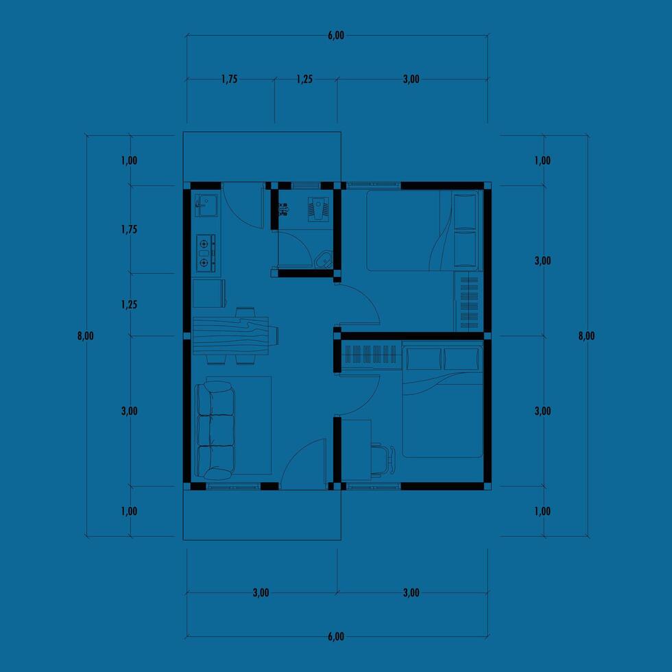 arkitektur planen med möbel. Hem golv planen, isolerat på blå bakgrund, stock illustration. vektor eps 10.