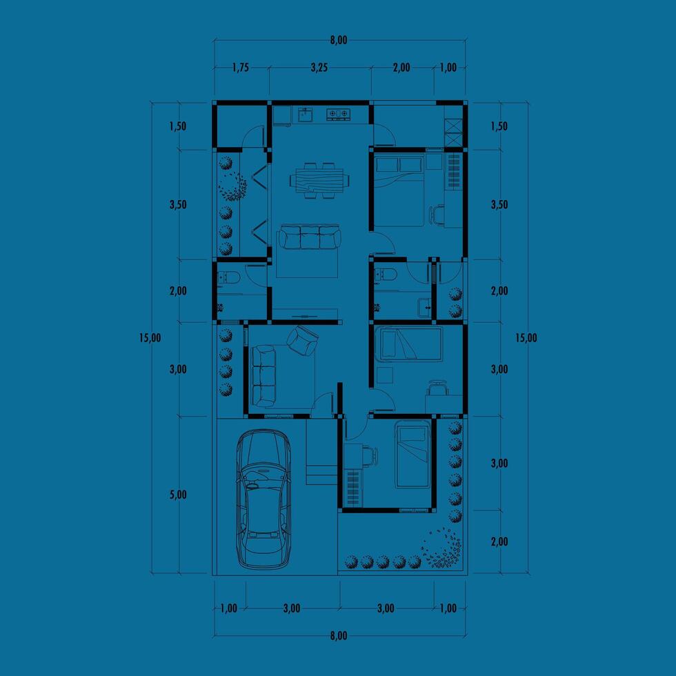 arkitektur planen med möbel. Hem golv planen, isolerat på blå bakgrund, stock illustration. vektor eps 10.