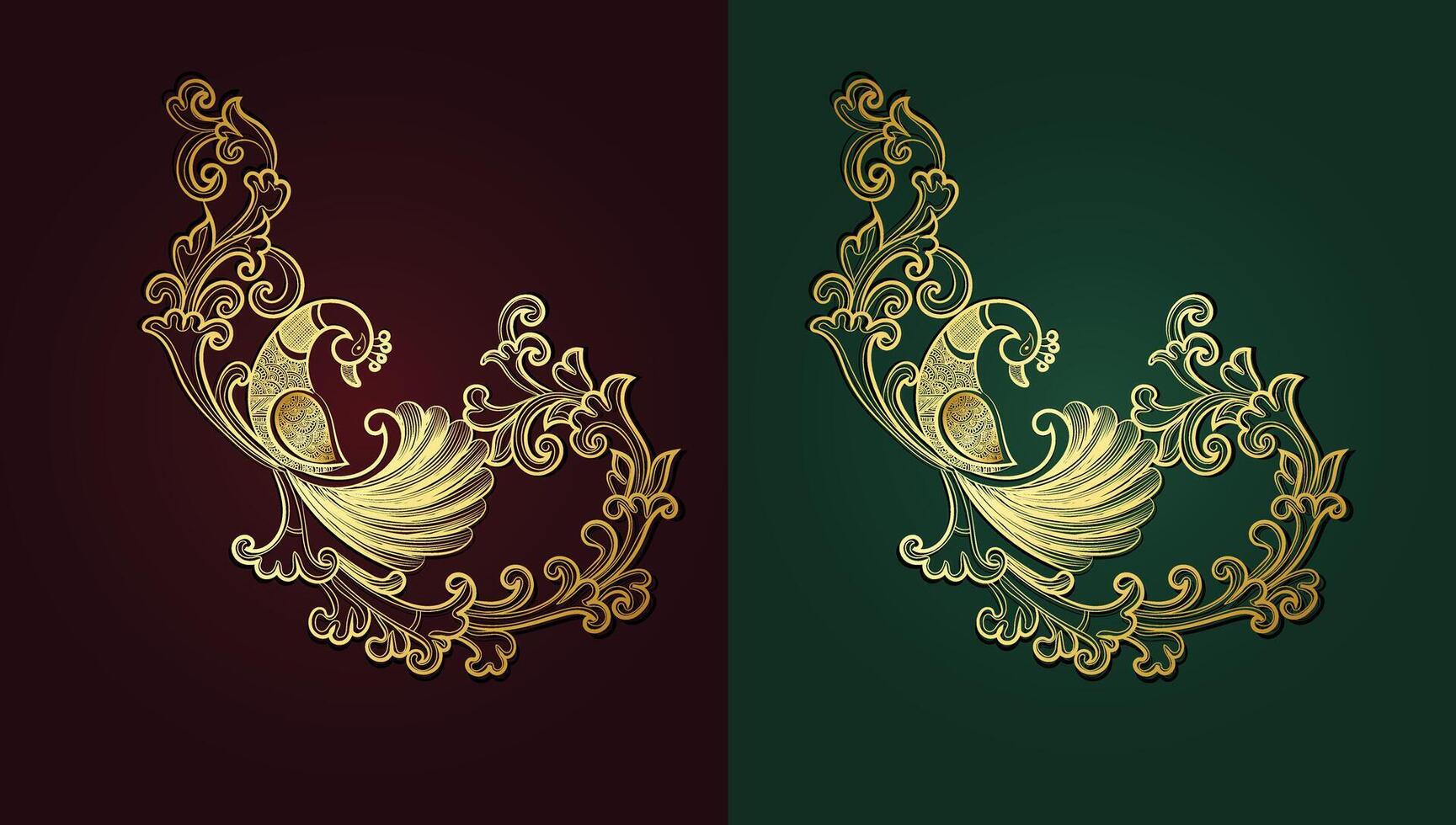 golden Pfau und Blume Hand gezeichnet Design kostenlos Vektor