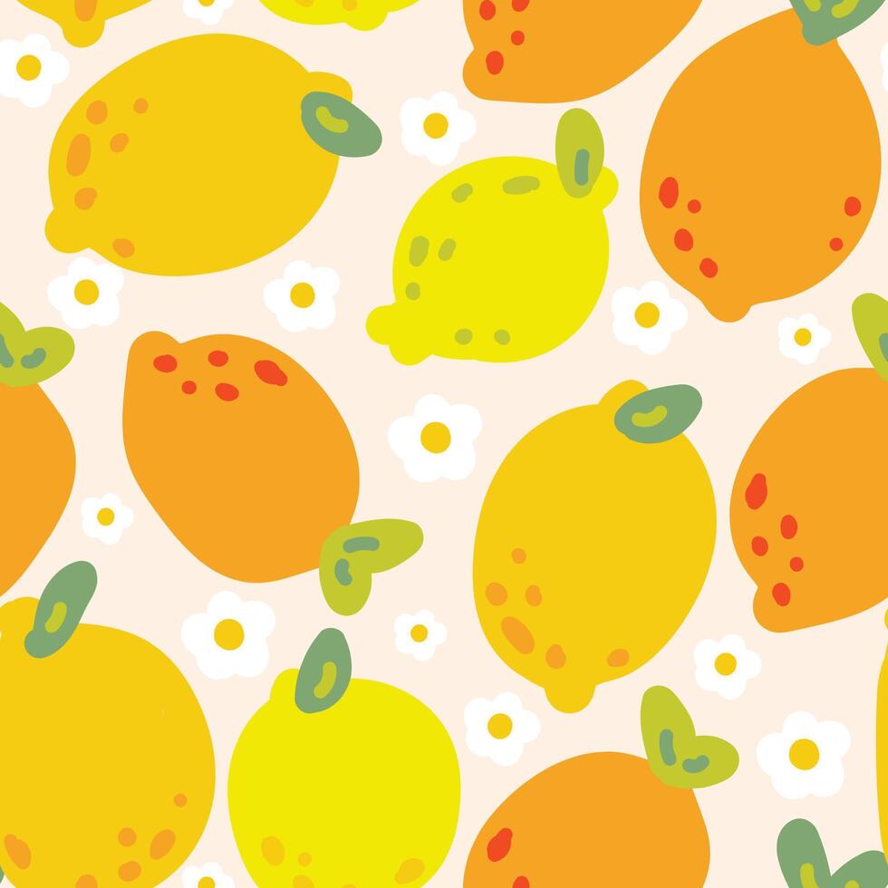 sömlös mönster av söt stor citron- frukt med blomma bakgrund.sommar frukt.tecknad film hand ritad.bild för kort, affisch, baby kläder.natur.kawaii.vektorillustration. vektor