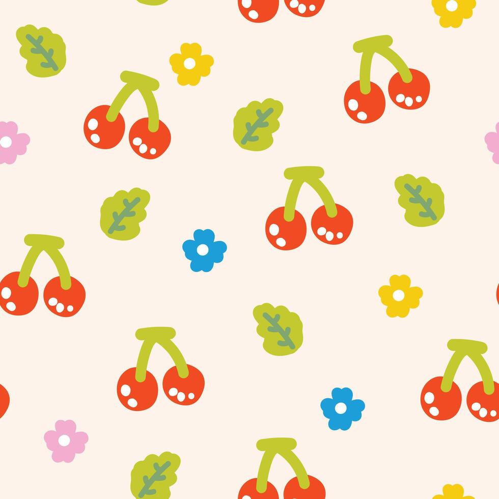 sömlös mönster av söt mycket liten ikon körsbär blomma och blad på pastell bakgrund.frukt och natur hand ritad.bild för kort, affisch, baby clothing.kawaii.vector.illustration. vektor