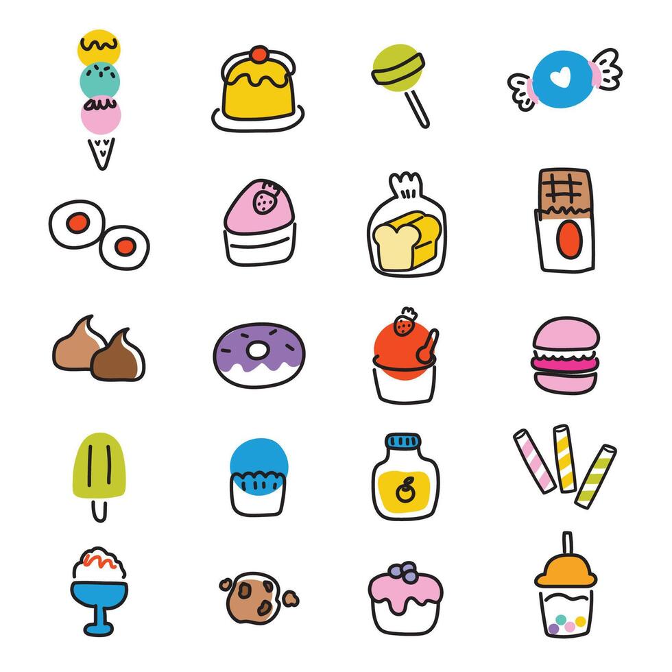 uppsättning av söt ikon tecknad serie i linje hand dragen stil på vit bakgrund.bageri koncept.söt och dessert.bröd.macaron.bubbla mjölk tead.kawaii.vector.illustration. vektor