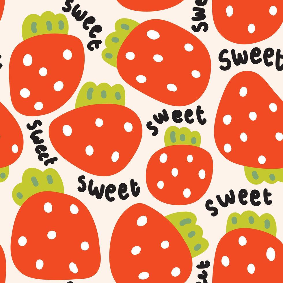 sömlös mönster av söt stor jordgubb med ljuv text på pastell bakgrund.gårdsgrönsak och frukt.tecknad film hand ritad.bild för kort, affisch, baby clothing.kawaii.vector.illustration. vektor