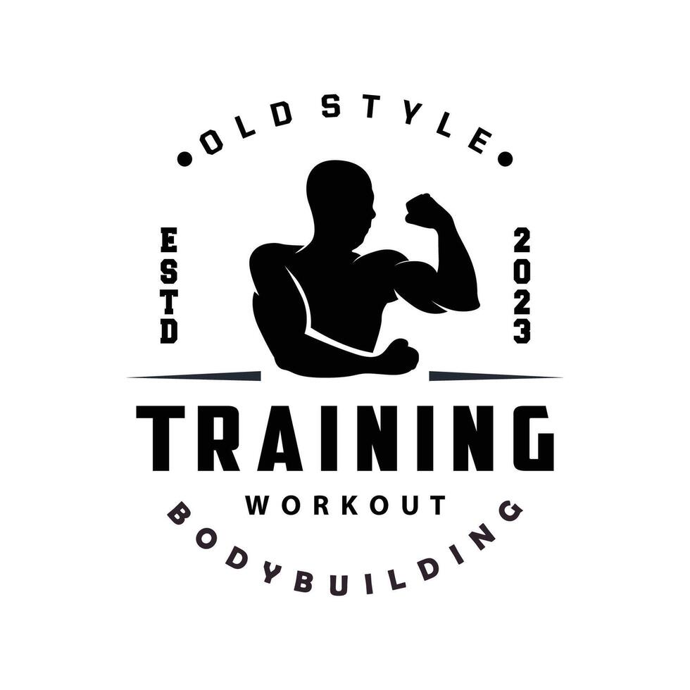 Fitnessstudio Logo Design Jahrgang retro Mensch Silhouette Sport Fitness Bodybuilder einfach elegant vektor