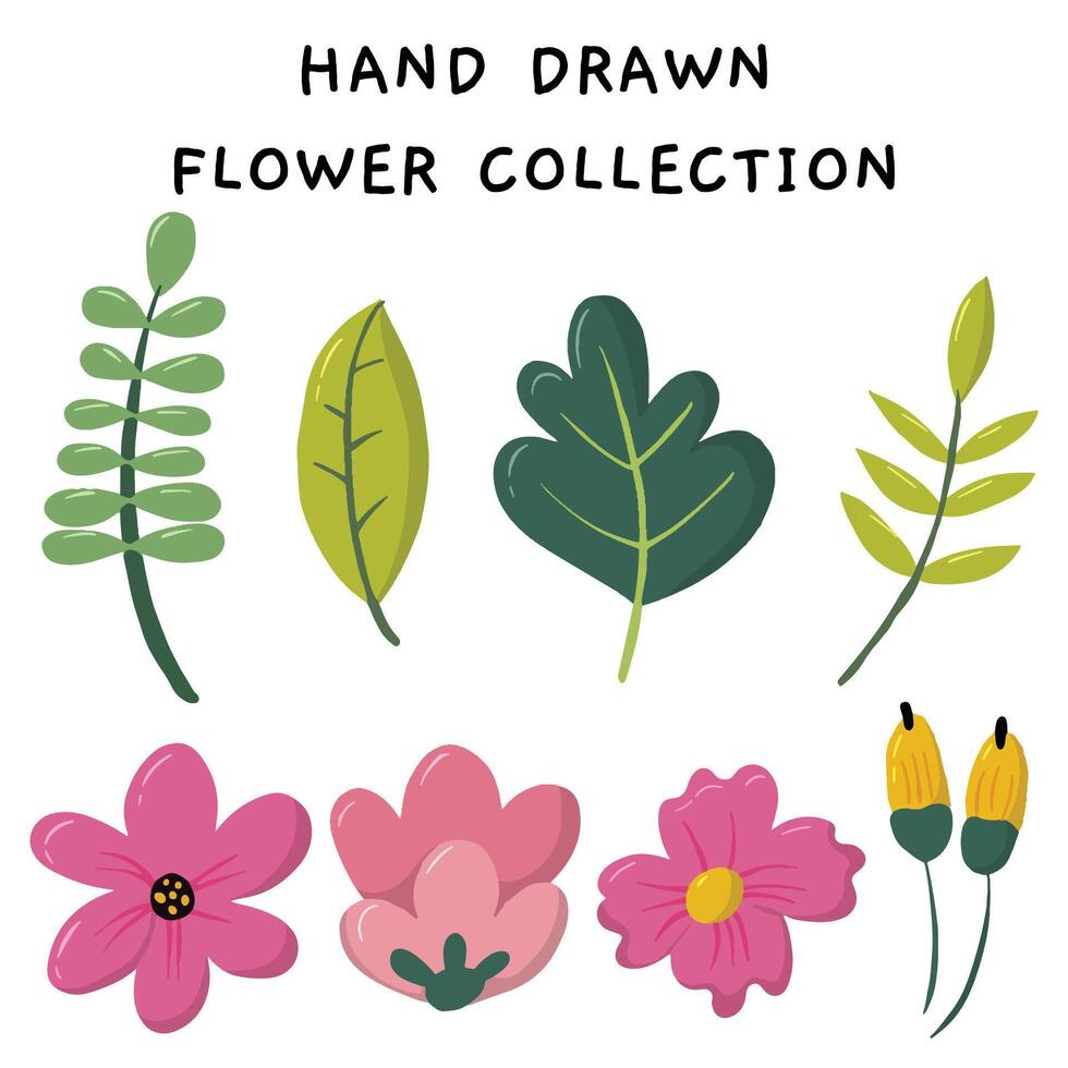 söt hand dragen blomma och blad samling vektor