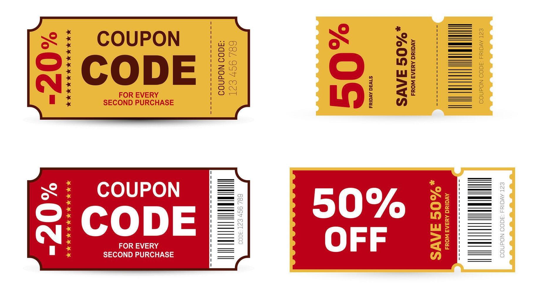 Coupon Code Tickets zum Werbung Marketing. Geschenk abreißen Gutschein Rabatt Karte Design Vorlagen mit reduziert Preis. Besondere Preis bietet an Verkauf Coupon Gutschein. vektor