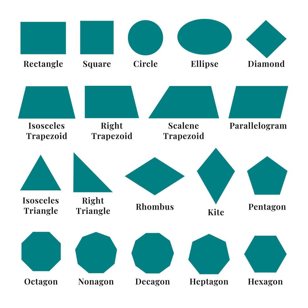 uppsättning av grundläggande geometrisk former vektor med etiketter. pedagogisk-diamant, cirklar, sexhörning, triangel, fyrkant, trapets, platt stil.