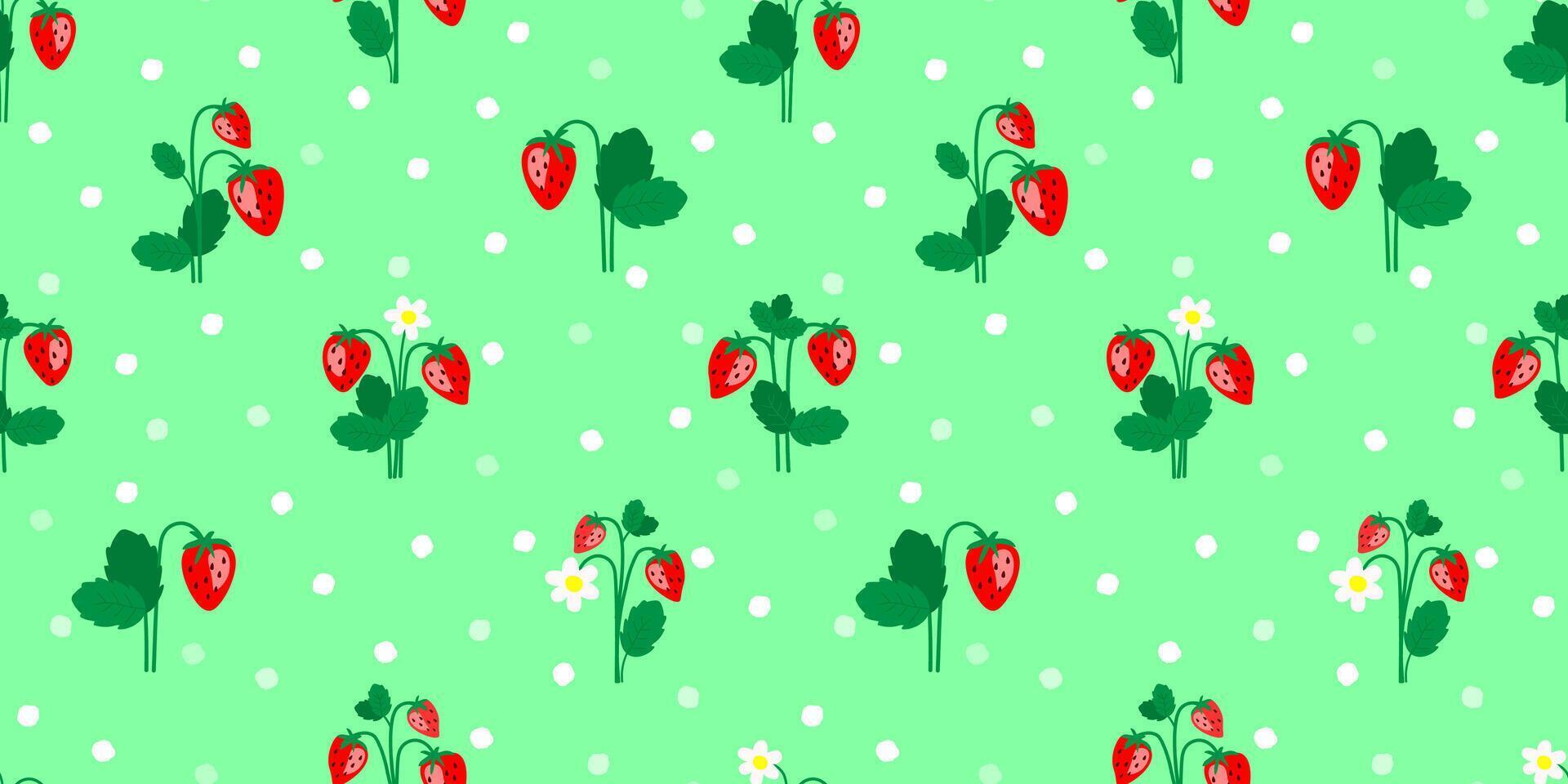 sömlös mönster med jordgubbar med löv och blommor. sommar bär på en bakgrund av abstrakt prickar. vektor grafik.