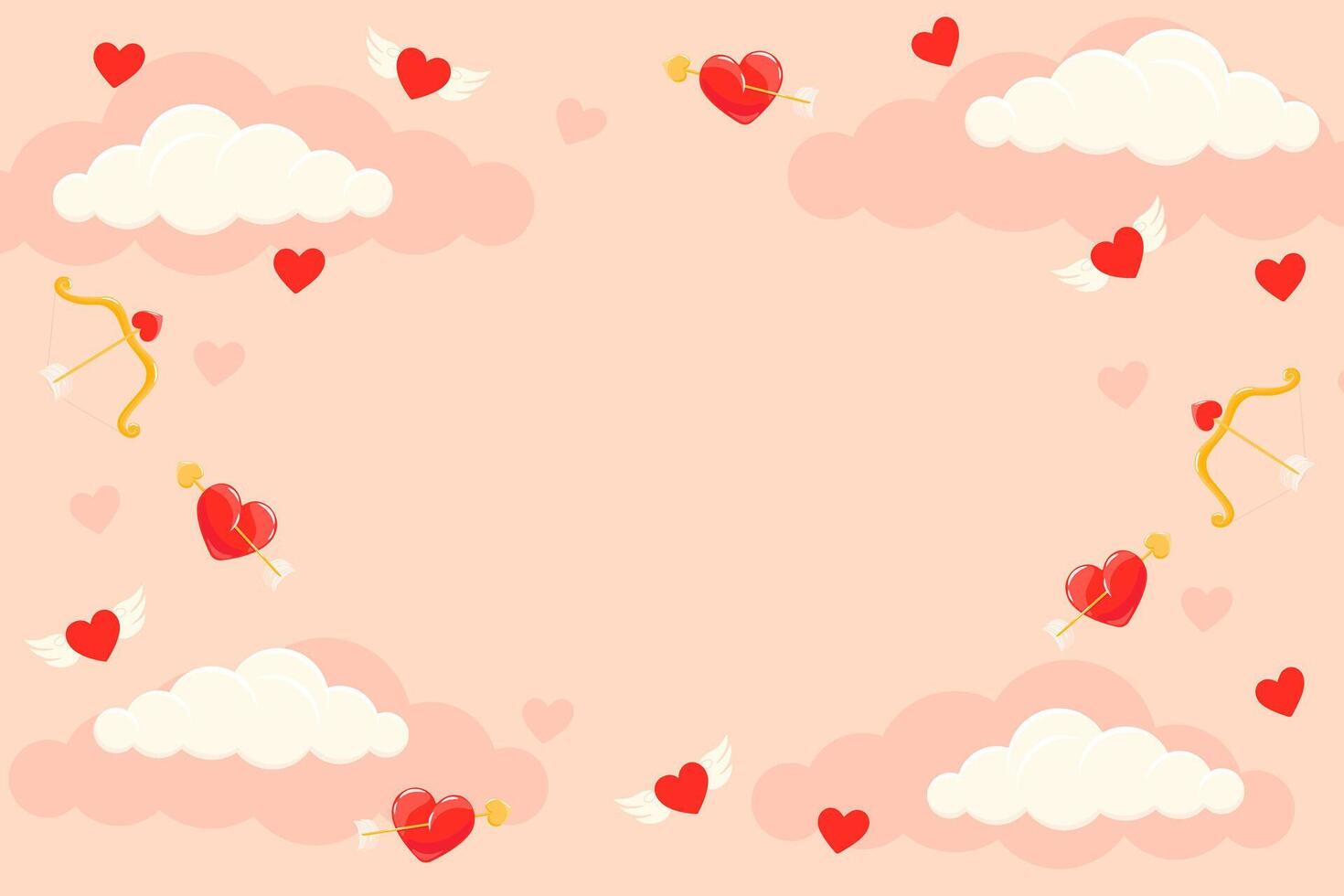 Valentinstag Tag Hintergrund mit fliegend Herzen, Bogen, Pfeil und Wolken. Rosa Vektor Illustration von Liebe. Karikatur Element zum Urlaub Muster, Verpackung, Designs