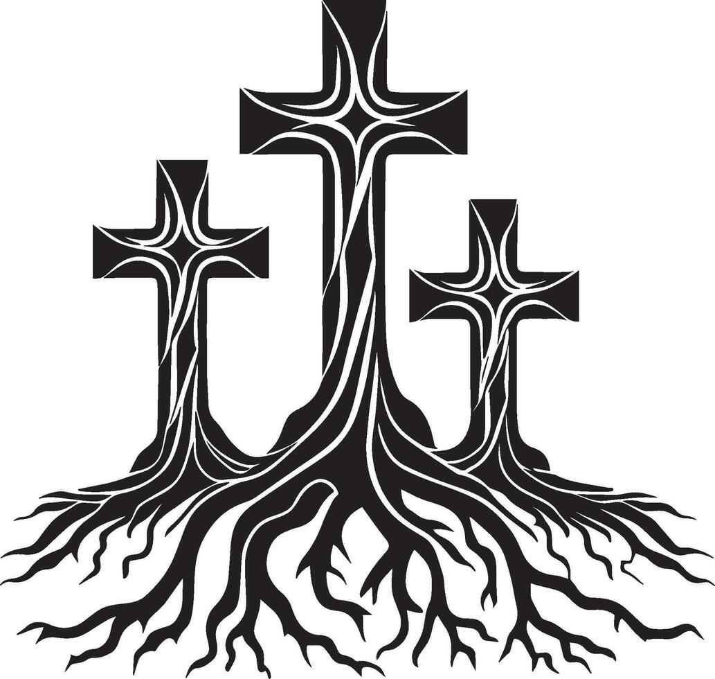 ai generiert drei Christian Kreuze mit Baum Wurzeln Illustration vektor