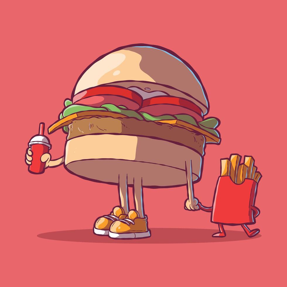 Burger Charakter Stehen mit Französisch Fritten Charakter Vektor Illustration.