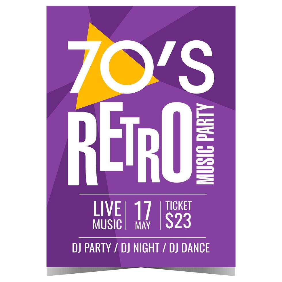 70s retro musik fest inbjudan affisch eller baner. vektor design mall för gammal årgång underhållning händelse med träffar från de sjuttiotalet på disko dansa natt klubb med leva dj uppsättning.