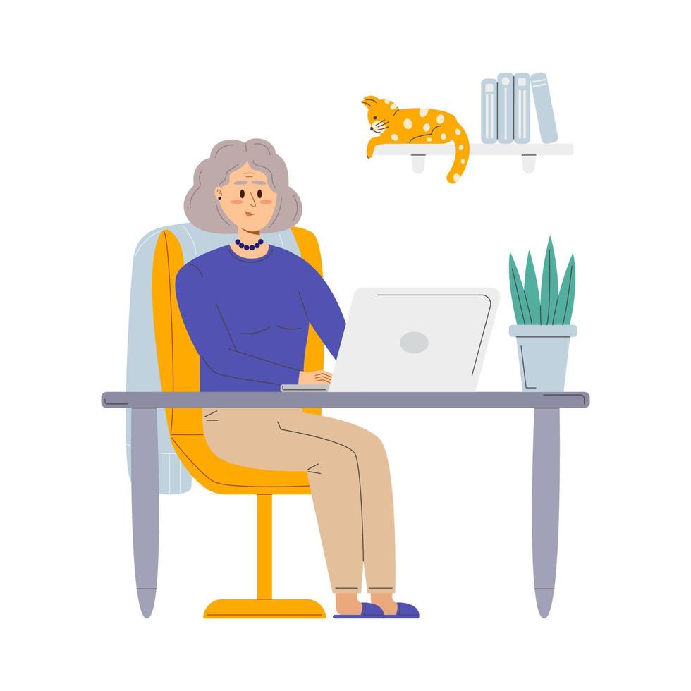 glad mormor med laptop och katt på hyllan vektor