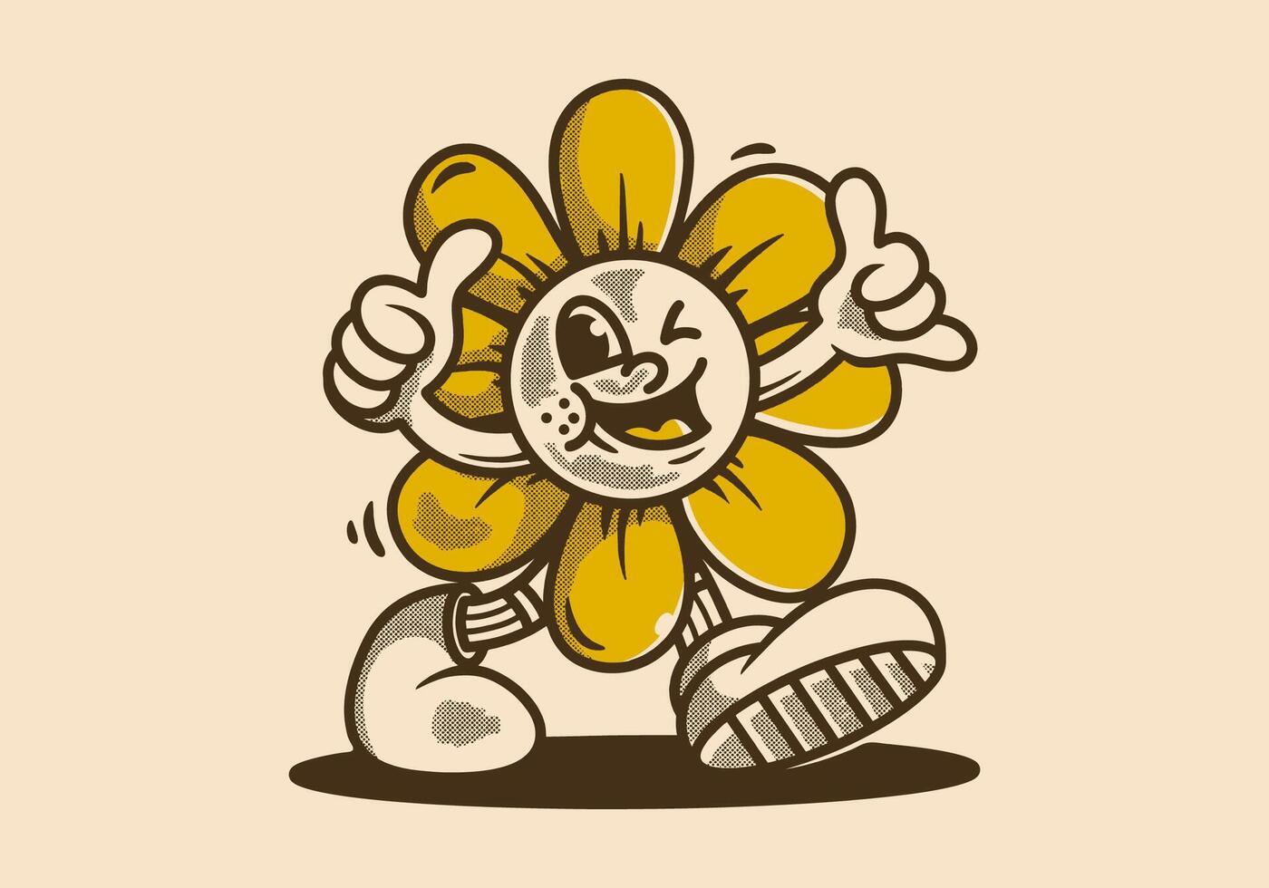 Gehen Sonne Blume Charakter im Jahrgang retro Stil vektor