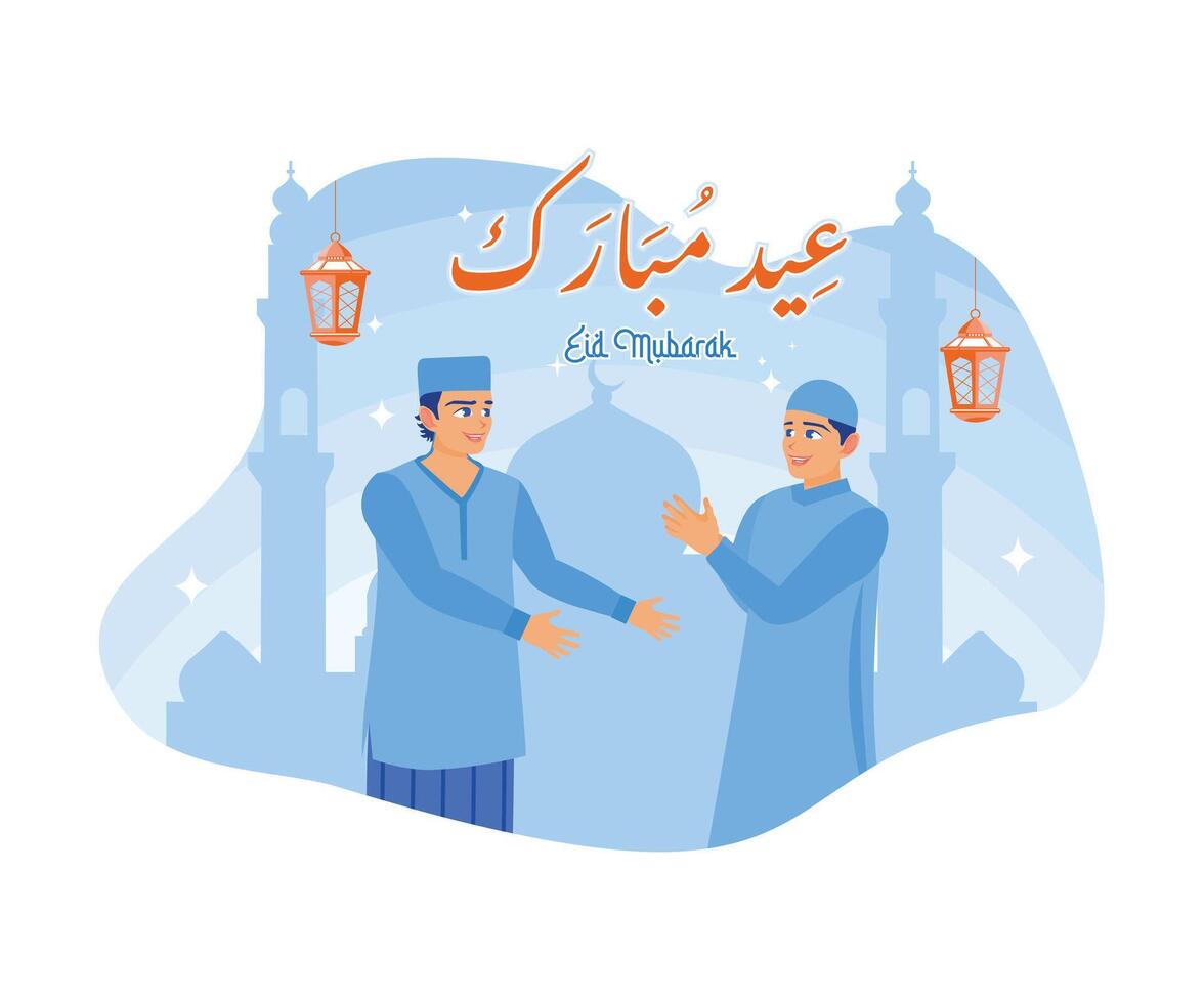 två ung muslims välkomnade de eid al fitr Semester lyckligt. förlåta varje Övrig. Lycklig eid mubarak begrepp. platt vektor modern illustration