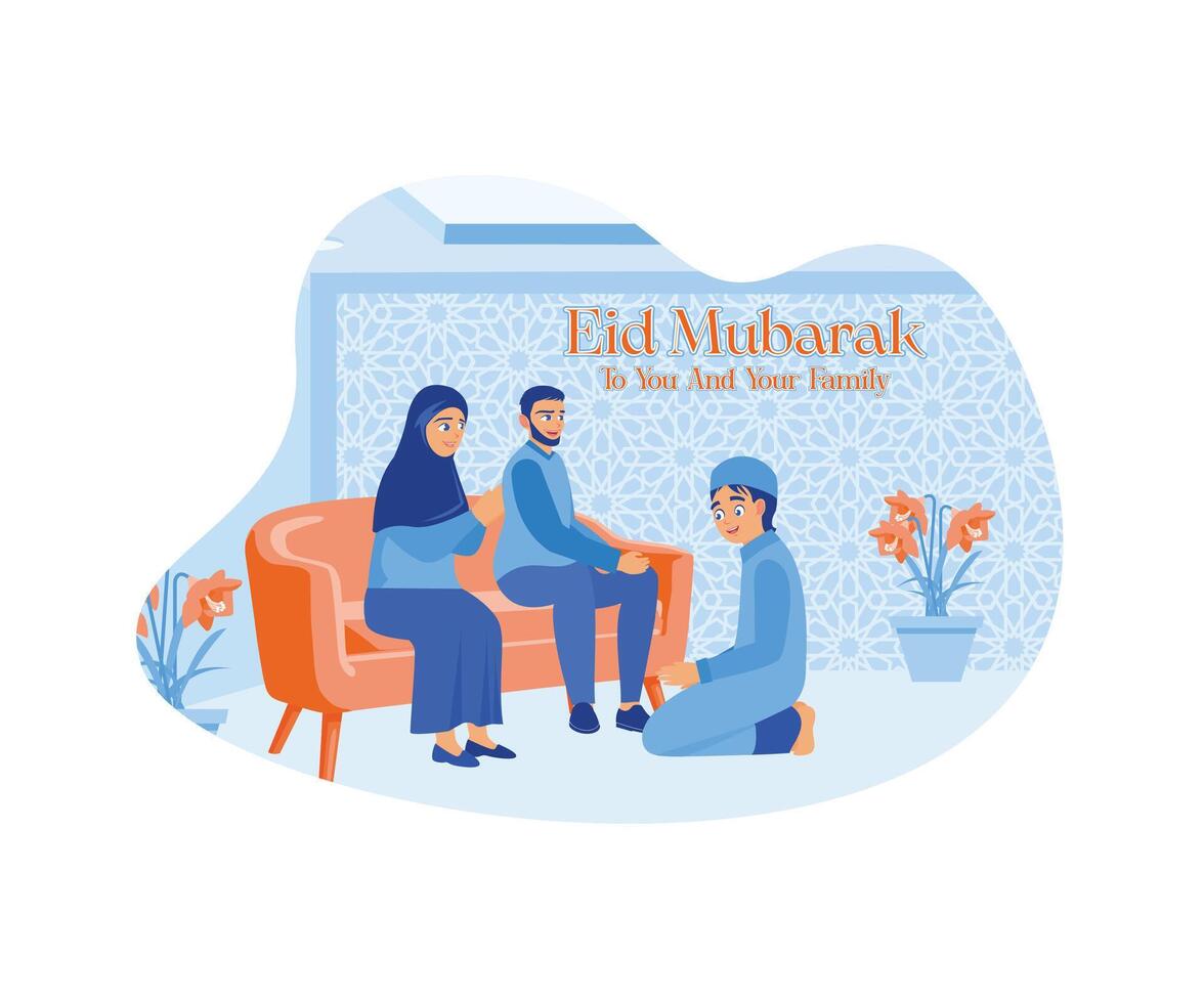 Muslim Familien tragen aus das versunken Tradition während eid al fitr. das Junge entschuldigt sich zu seine Eltern. glücklich eid Mubarak Konzept. eben Vektor modern Illustration