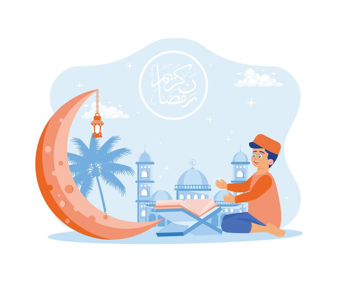 Muslim Junge lesen Koran dekoriert mit Halbmond Mond und Laterne. Ramadan kareem und Ramadan Mubarak Gruß Design Konzept. eben Vektor modern Illustration