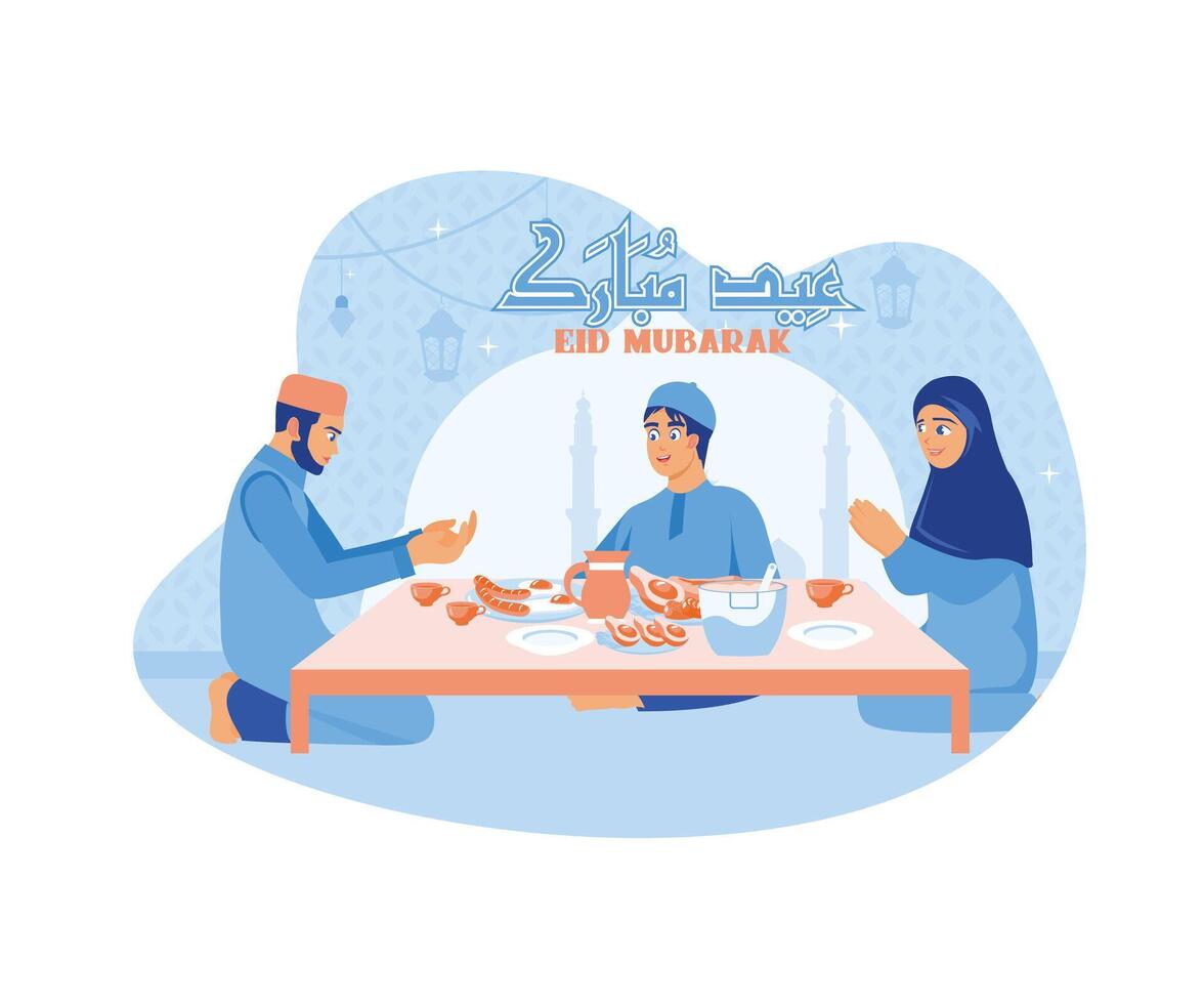 Muslim Familien versammelt zusammen beim das Abendessen Tisch. Essen zusammen während eid al fitr. glücklich eid Mubarak Konzept. eben Vektor modern Illustration