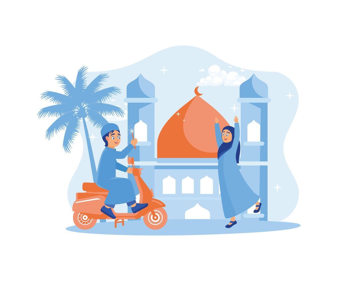 Jungs Reiten Roller und abspielen mit Feuerwerk. glücklich Mädchen, herzlich willkommen Ramadan. Ramadan kareem und Ramadan Mubarak Gruß Design Konzept. eben Vektor modern Illustration