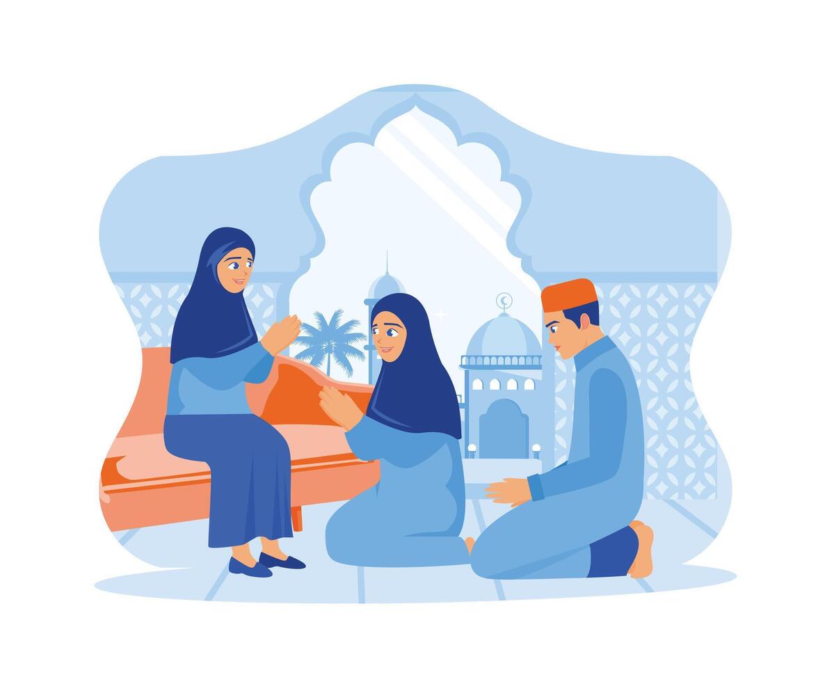 Mutter sitzt auf das Sofa im das Haus. das Kinder kniete und entschuldigte sich. glücklich eid Mubarak Konzept. eben Vektor modern Illustration