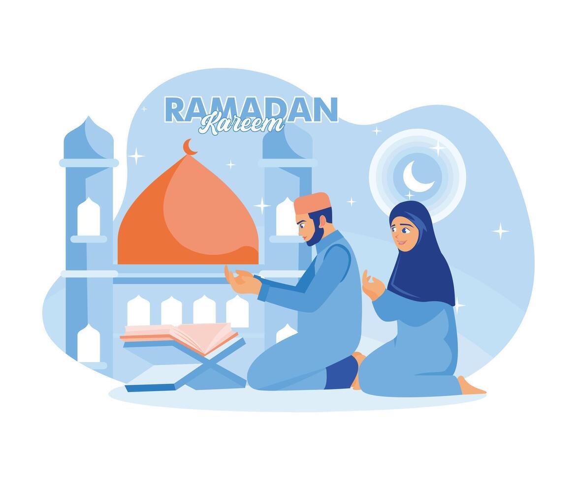 Muslim Paar lesen das Koran und beten zusammen. das Licht von das Halbmond Mond und Sterne schmückt das Moschee. Ramadan kareem Konzept. eben Vektor modern Illustration.