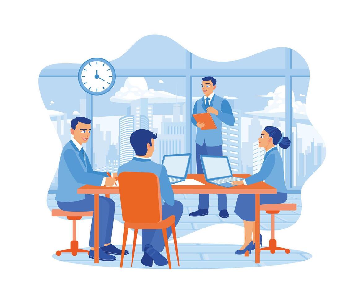 manlig chef stående ledande möte med företag team i de konferens rum. företag människor i kontor arbetsplats begrepp. platt vektor illustration.