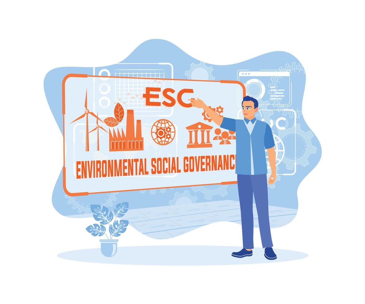 Mann zeigt an esg Konzept auf virtuell Bildschirm. das Beziehung zwischen Umwelt und Sozial Führung und Geschäft. nachhaltig wirtschaftlich Wachstum mit verlängerbar Energie und natürlich Ressourcen Konzept. vektor