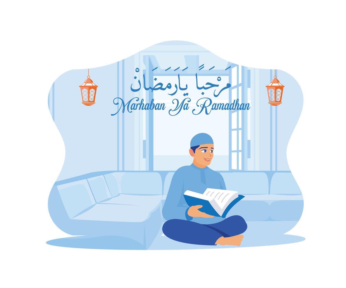 das Mann ist Sitzung im Vorderseite von das Sofa beim heim. lesen das Koran beim Nacht während das Monat von Ramadan. glücklich eid Mubarak Konzept. eben Vektor modern Illustration