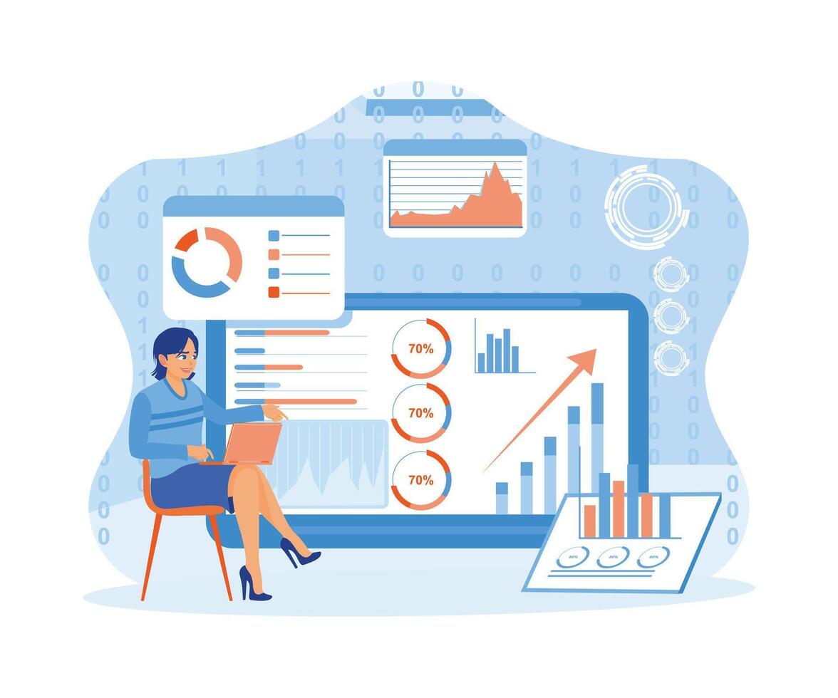 Geschäft Statistiken. mit ein Laptop zu analysieren und planen Geschäft Finanzen. groß Daten Technologie zum Geschäft finanziell Analyse Konzept. Trend eben Vektor modern Illustration