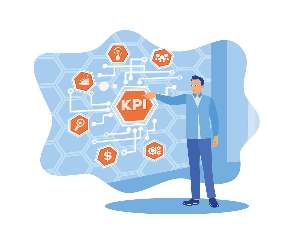 affärsman stående i främre av virtuell skärm. kpi nyckel prestanda indikatorer för företag begrepp. kpi begrepp. platt vektor modern illustration