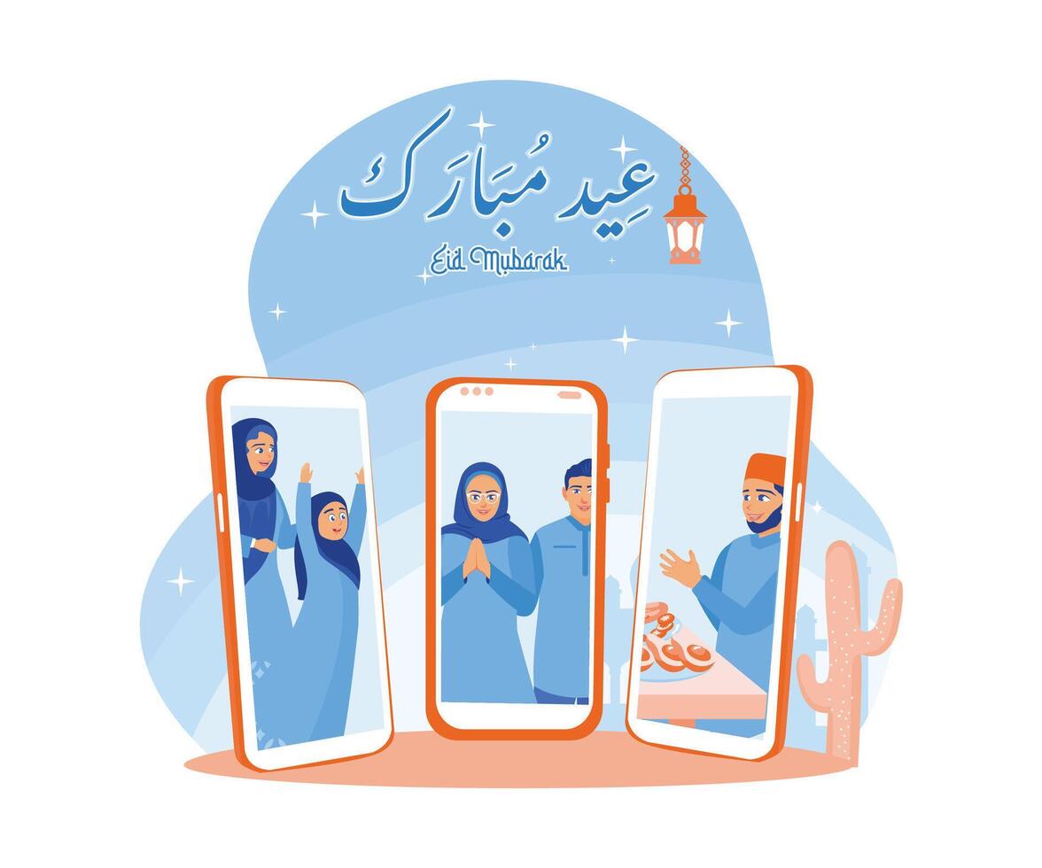 Muslime machen Telefon Anrufe. verzeihen jeder andere und feiern eid während ein Video Forderung. glücklich eid Mubarak Konzept. eben Vektor modern Illustration