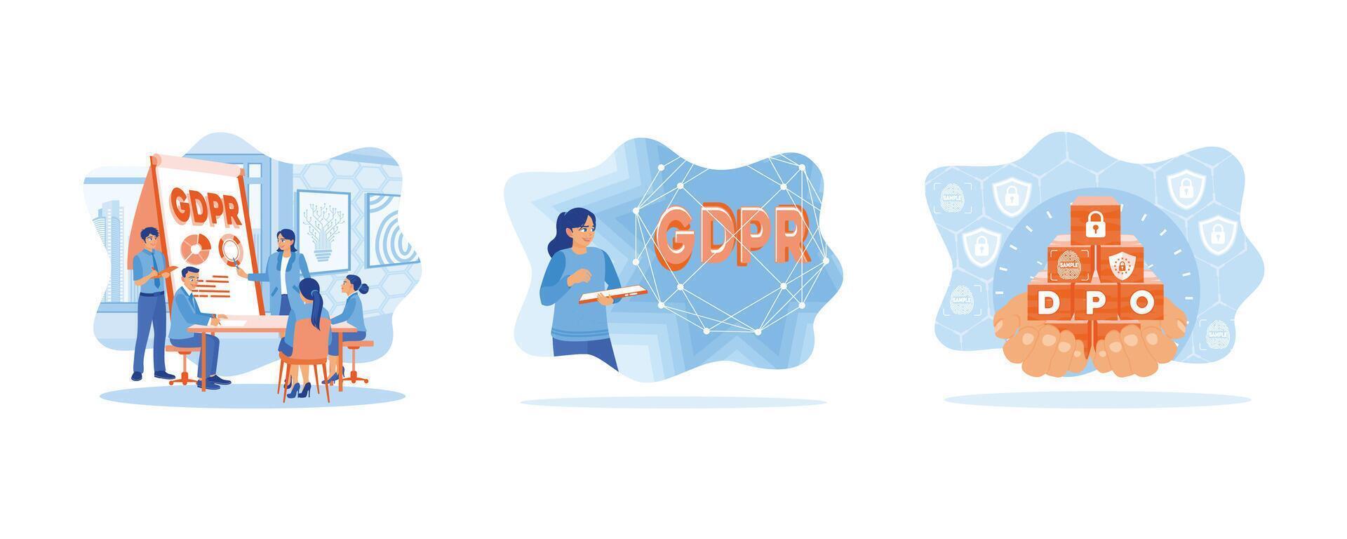 Geschäft Mannschaft halten Treffen im Büro. jung Frau Arbeiten mit Information. Daten Schutz Offizier dpo . Allgemeines Regeln zum Daten Schutz gdpr Konzept. einstellen eben Vektor Illustration.