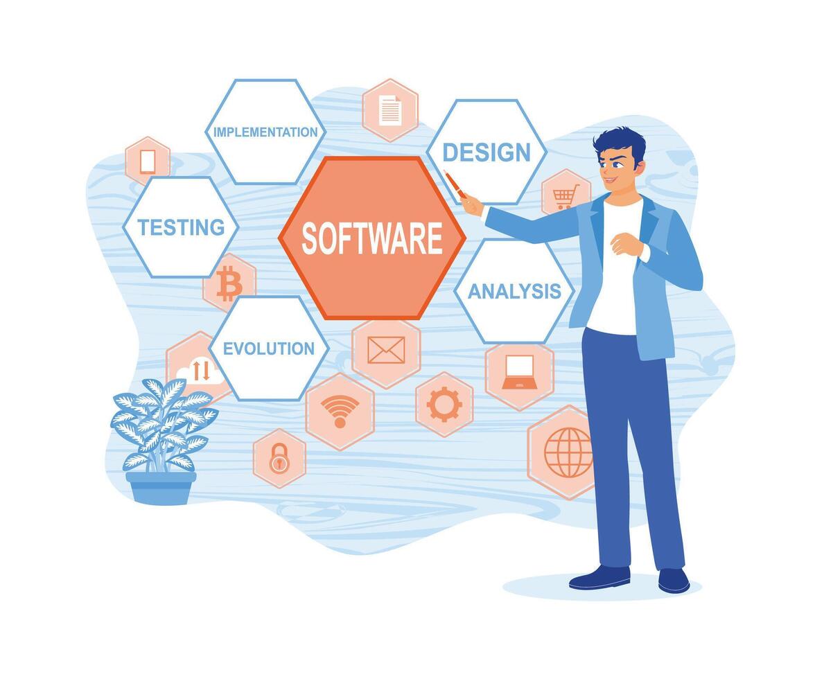 Mann Arbeiten mit virtuell Bildschirm. sich entwickeln Software und Geschäft Prozess Automatisierung. Software Entwickler Konzept. eben Vektor modern Illustration