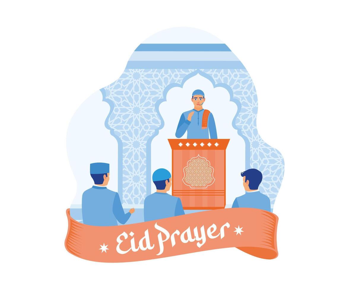 Muslime ausführen eid Gebete zusammen. Menschen Hör mal zu zu das Predigt Innerhalb das Moschee. glücklich eid Mubarak Konzept. eben Vektor modern Illustration