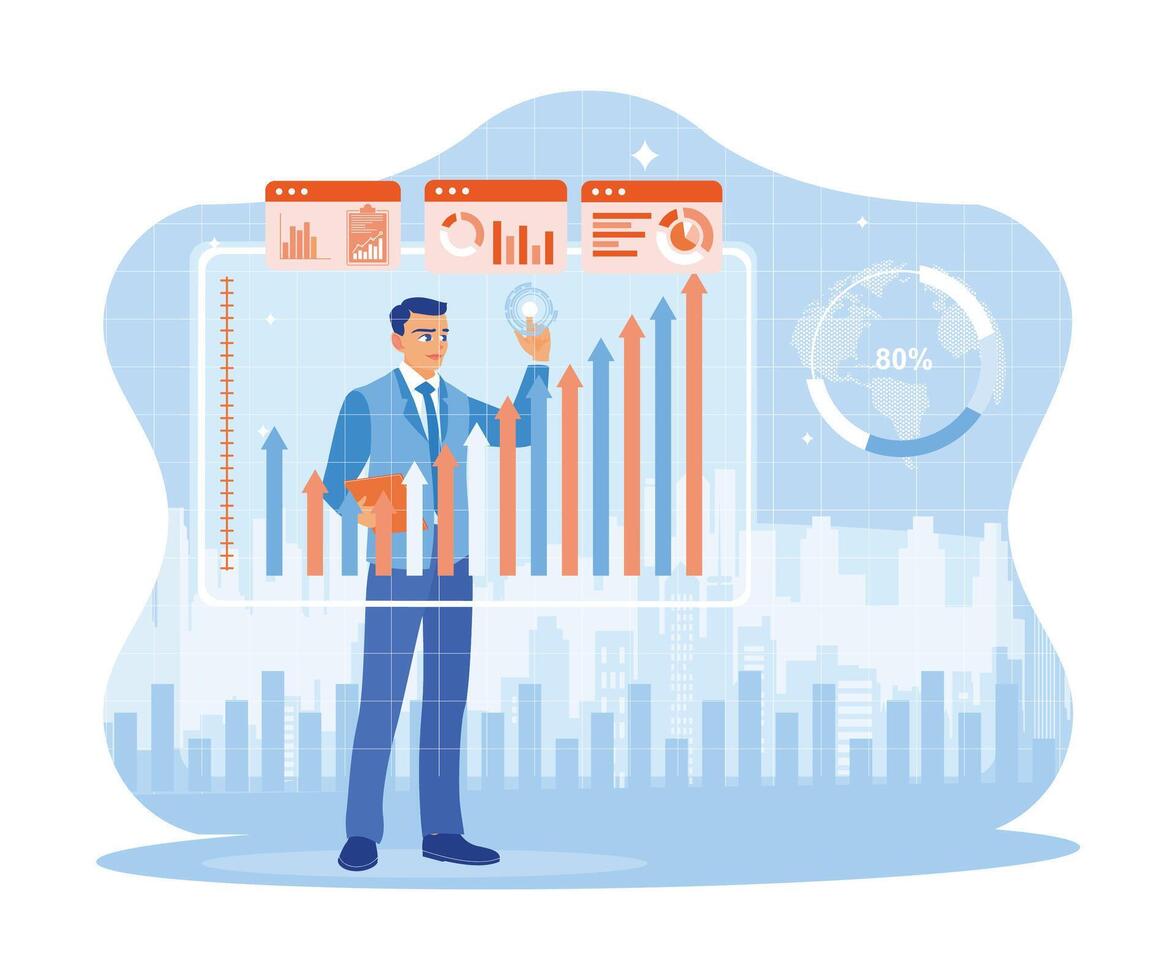 Geschäftsmann mit Tablette mit Digital finanziell Geschäft Daten Graph. Digital wirtschaftlich Analyse Technologie Konzept. Finanzen und Innovation Konzept. Trend eben Vektor modern Illustration