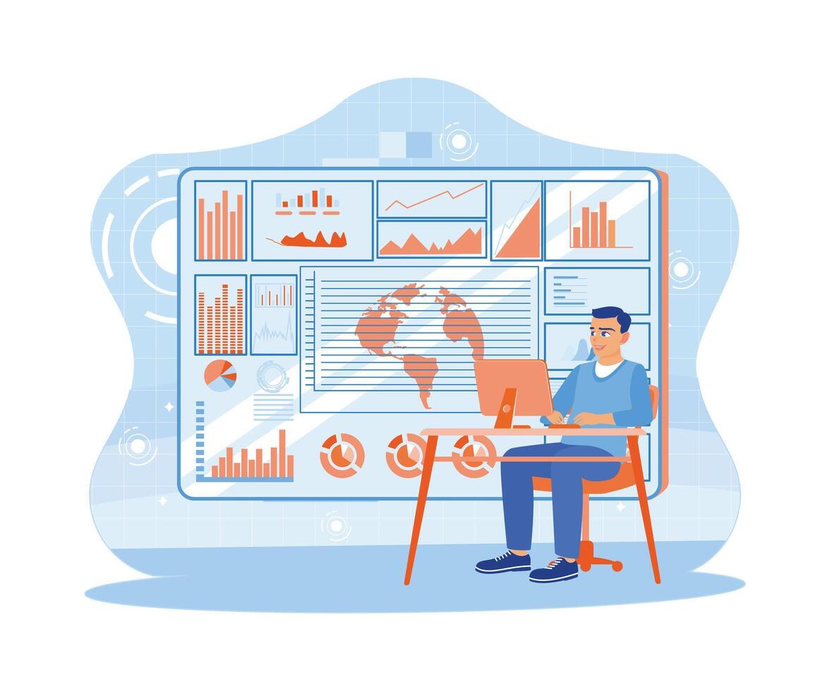 Geschäftsmann Verwendet ein modern grafisch Schnittstelle zeigen finanziell Berichte und Geschäft Verkauf. groß Daten Technologie zum Geschäft Finanzen Analyse Konzept. Trend eben Vektor modern Illustration